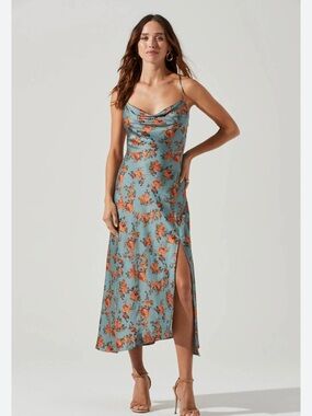 Astr The Label Dusty Blue Midi Slip Dress with Orange Floral Print